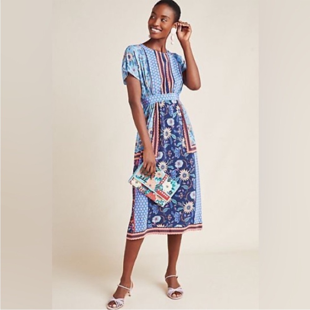 Blue Floral Patchwork Midi Dress